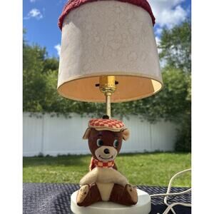 Vintage Plush Teddy Bear Lamp Cute Works 60’s? Shade Has Stains